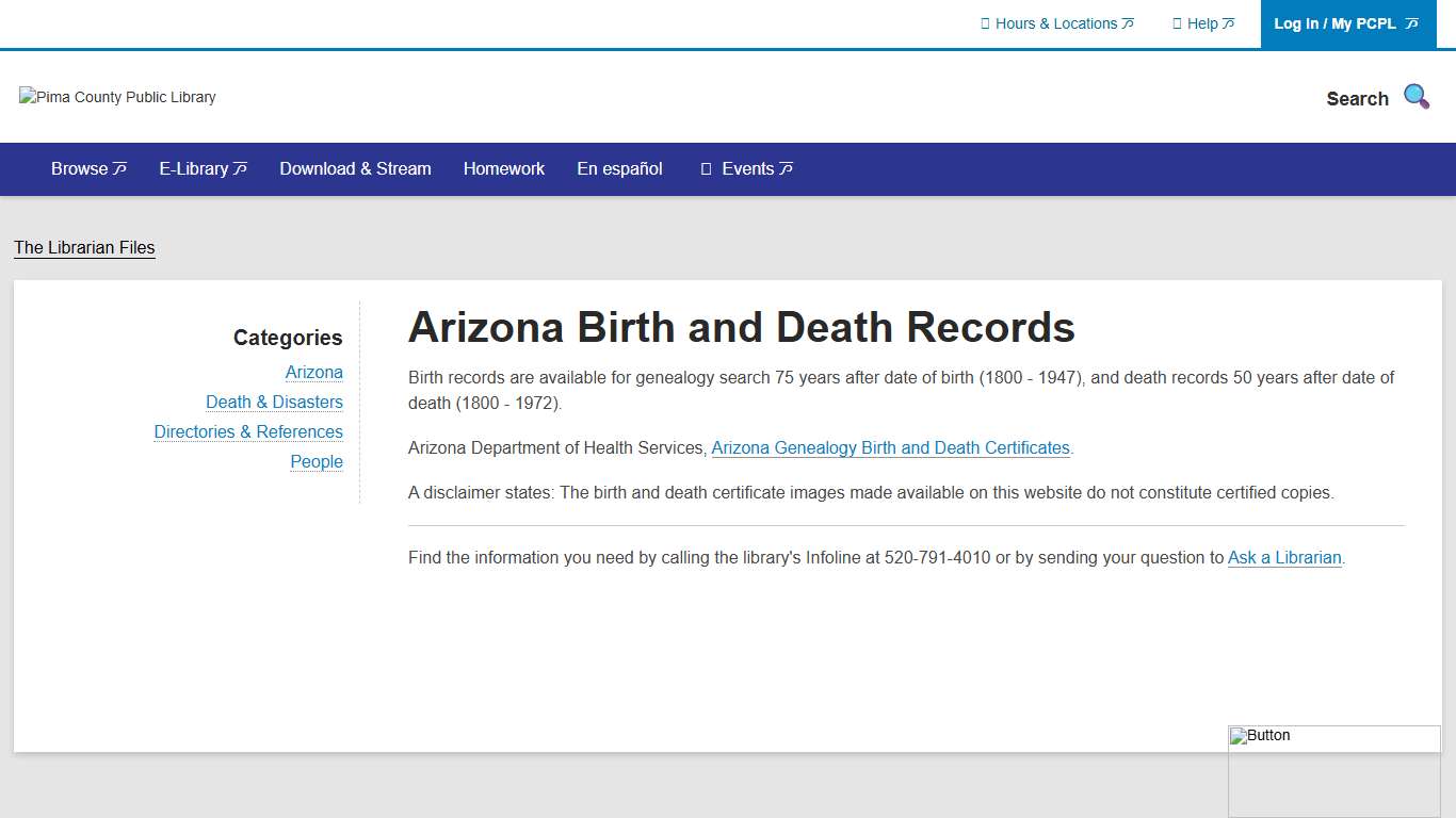 Arizona Birth and Death Records Pima County Public Library