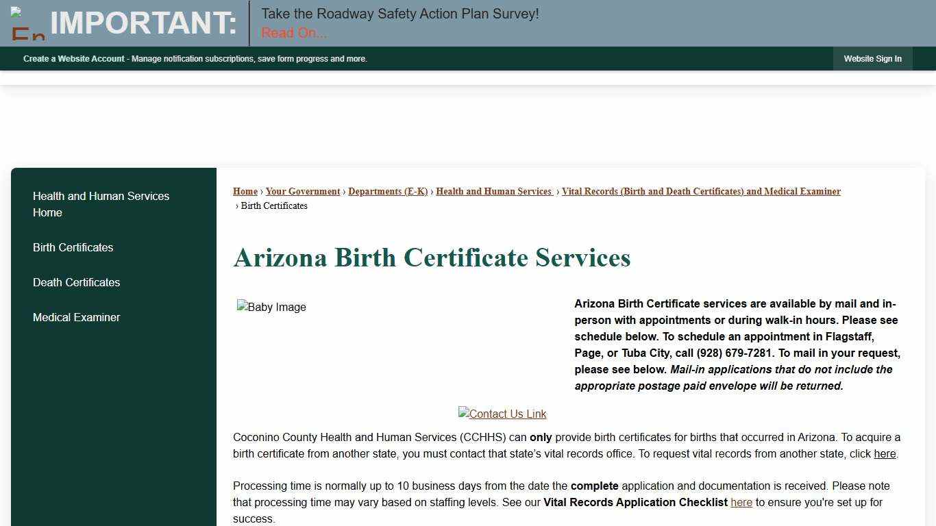 Arizona Birth Certificate Services Coconino